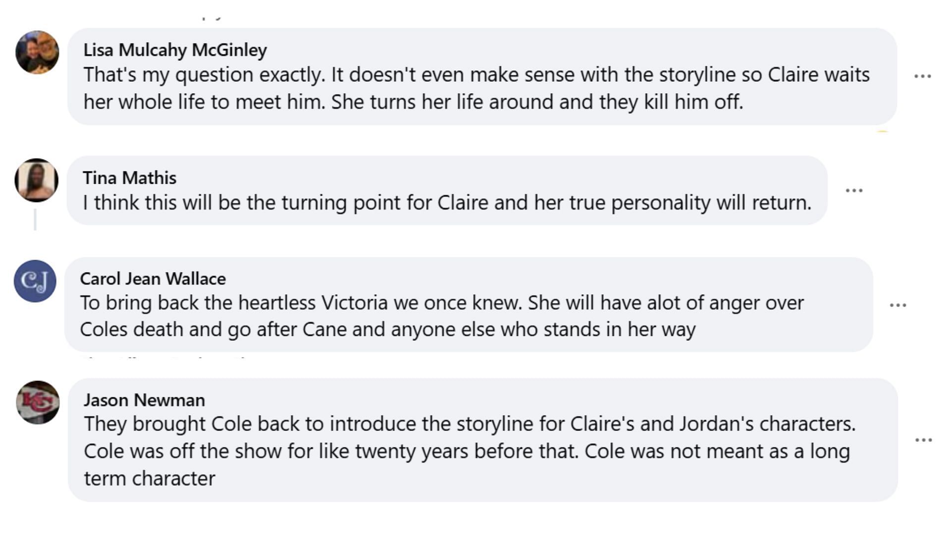 Fan comments on the effects of Cole's death (Image via Facebook/@Young and Restless Canadian Day Ahead Recaps)